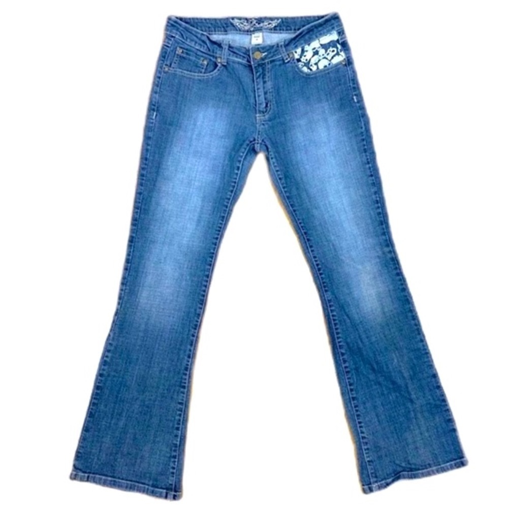 Skull Embellished Medium Blue Wash Mid-Rise Bootcut Jeans Size 11